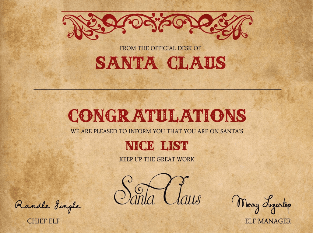 Nice List Certificate